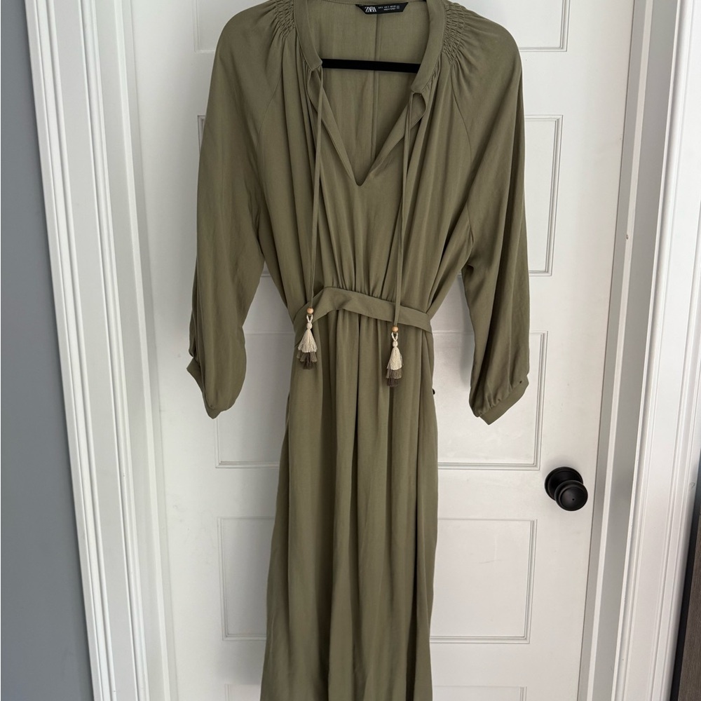 Zara Khaki Long Sleeve Dress with side slits